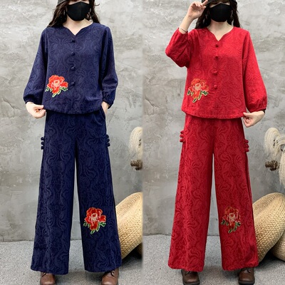 棉麻2023年秋季刺绣花套装阔腿裤