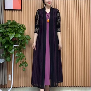 中老年女装夏季网纱外搭中长款宽松大码披肩外套妈妈装开衫防晒衣