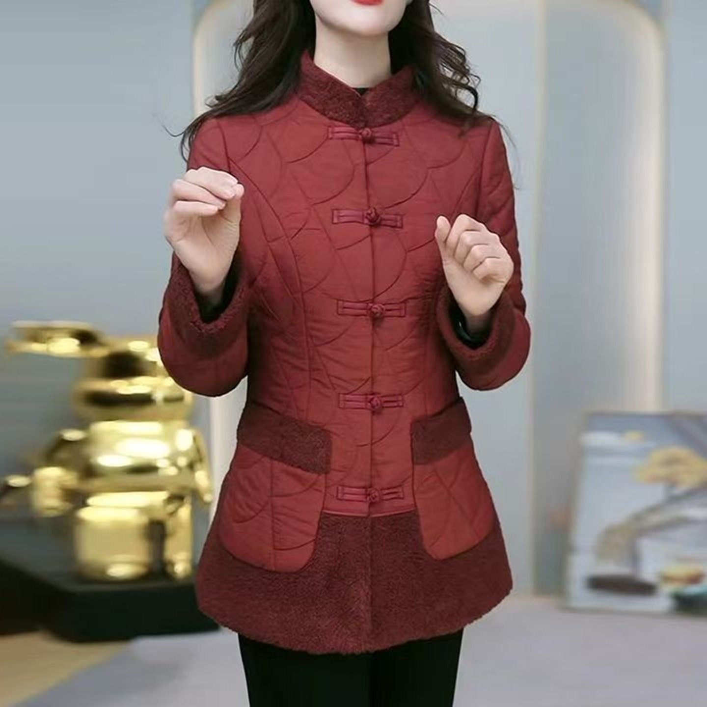 收腰中国风盘扣立领加厚棉服冬季妈妈装夹棉保暖棉袄外套中式棉衣