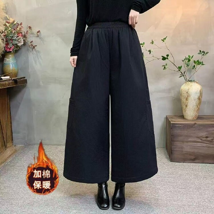 冬季加棉加厚保暖显瘦阔腿棉裤女