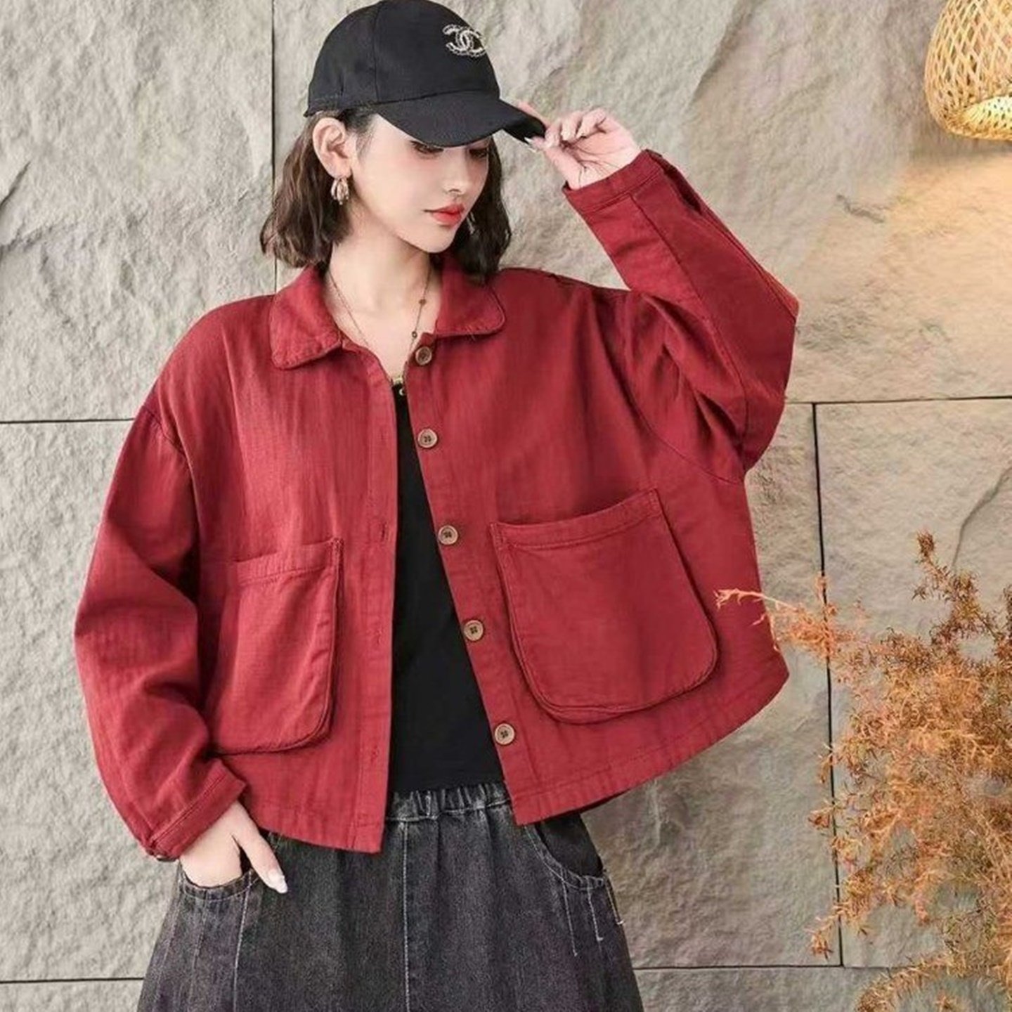 2025年秋季新款翻领系扣大口袋双层棉纱上衣女宽松休闲百搭短外套,女装/女士精品,短外套,淘宝优惠券,粉丝福利购,淘宝优惠卷