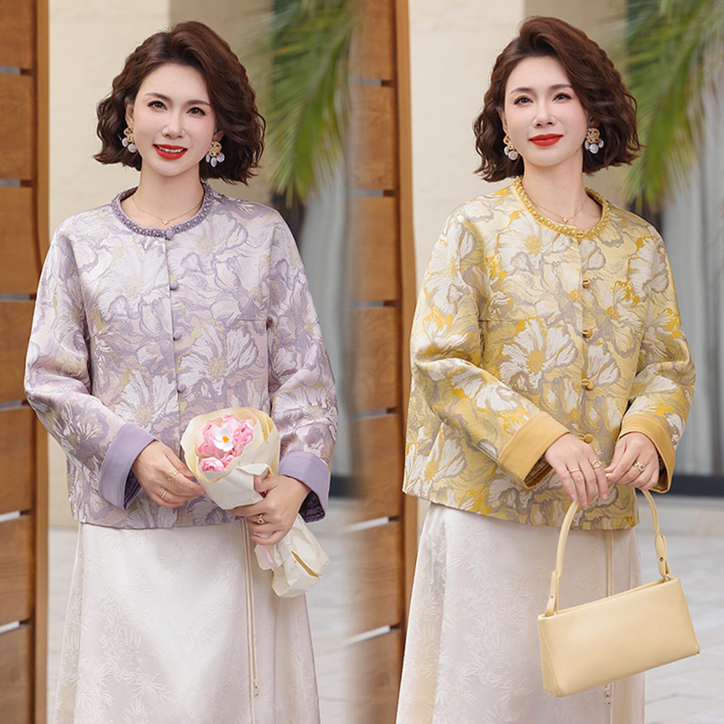 时尚妈妈春装外套2026新款中年女装提花圆领开衫气质小香风上衣亮