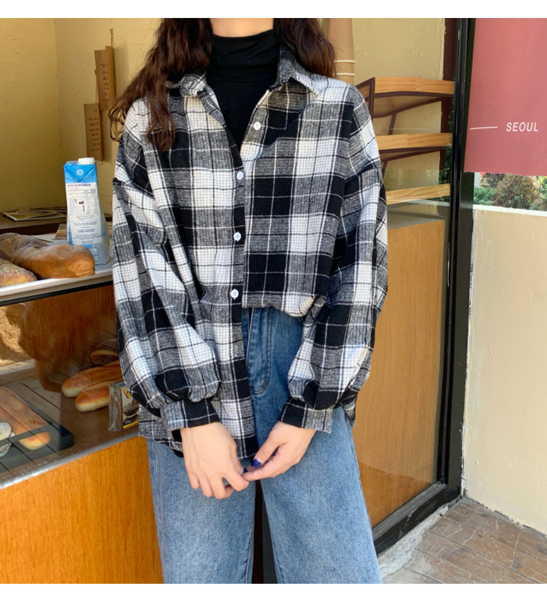 韩版春夏薄款格子衬衫女小众盐系宽松复古港味学生学院风中长外套