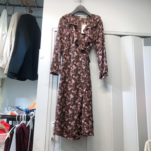 S码紫色碎花长袖连衣裙V领不退不换看好再拍