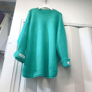 袖标慵懒风纯色宽松绿色显瘦毛衣女新款韩版洋气减龄套头针织衫