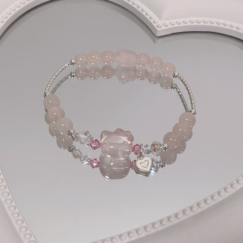 原创《粉水晶银管猫头》甜美可爱水晶S925银爱心吊坠手链