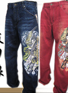 络缲魂KARAKURI拔dao娘和柄浮世绘美女印花男式牛仔长裤