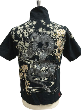 络缲魂KARAKURI 和柄浮世绘龙樱花刺绣男式宽松短袖T恤POLO衫