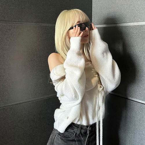 绑带羊毛毛衣pps甜辣一字肩