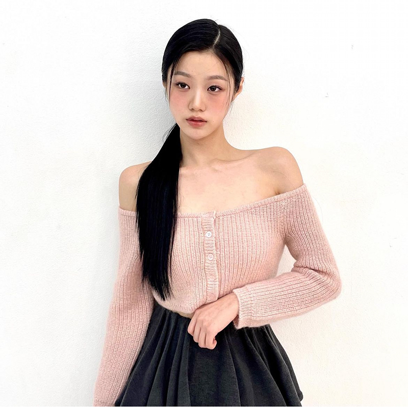 pehrt芭蕾公主甜美纯色一字肩露肩毛衣短款露脐针织衫羊毛开衫