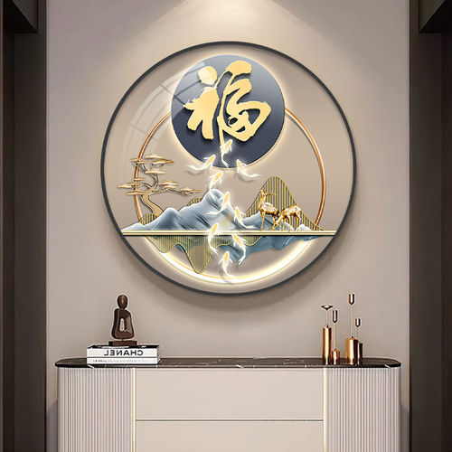 高级感玄关装饰画入户对门圆形挂画走廊过道柜子上方带钻LED灯画