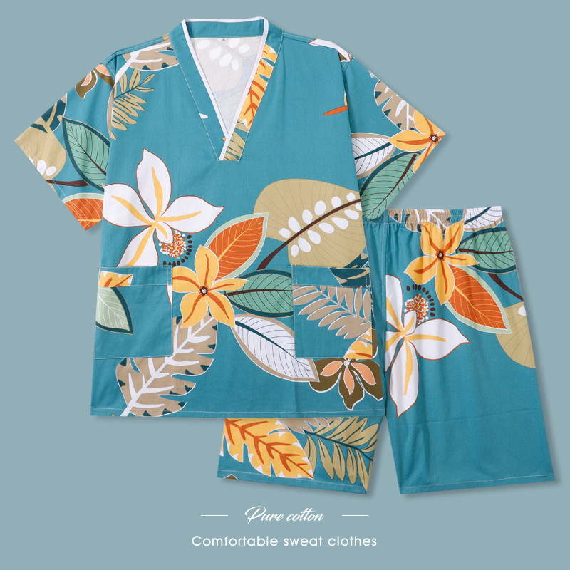 汗蒸服男款100%纯棉韩版可爱情侣大码套装加肥家居睡衣浴服桑拿服