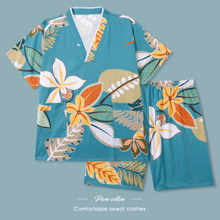 汗蒸服男款100%纯棉韩版可爱情侣大码套装加肥家居睡衣浴服桑拿服