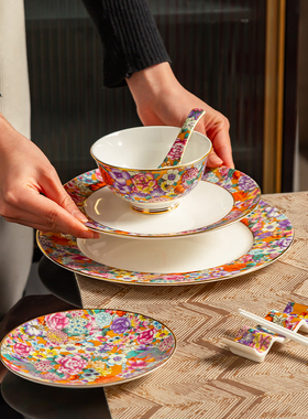 骨瓷餐具米饭碗勺筷子高档描金大号面汤碗勺筷架摆桌酒店乔迁宴客