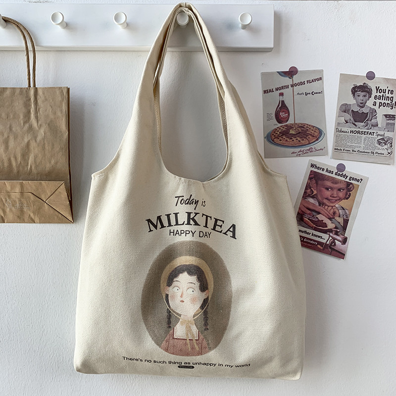 新款插画单肩帆布包女大容量日系慵懒风ins设计学生书包帆布袋夏