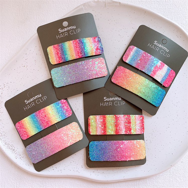 新款韩系儿童渐变色彩虹亮片发夹甜美少女侧边刘海夹亲子发卡BB夹