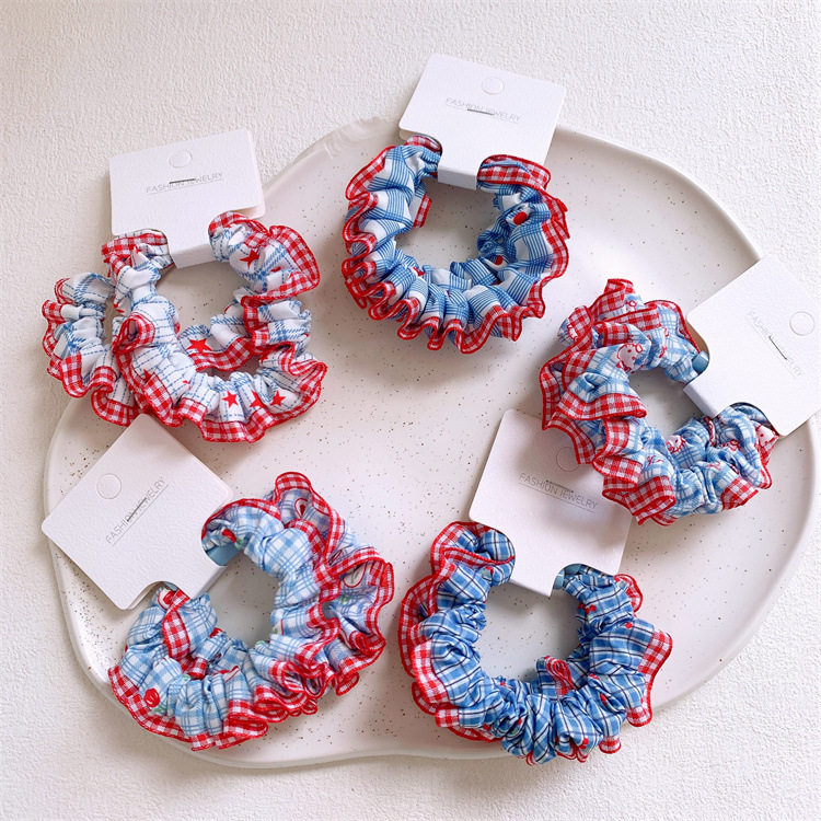2个装红格子花边布艺大肠发圈甜美少女扎马尾皮筋头绳丸子头发绳