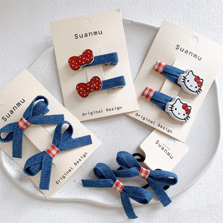 儿童牛仔布艺蝴蝶结发夹发圈女童可爱卡通猫咪发卡领结碎发BB夹子