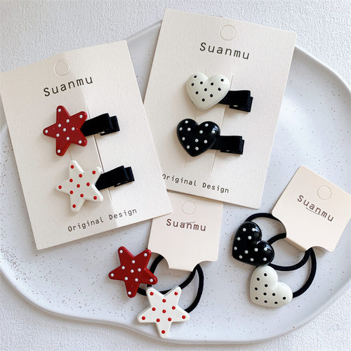 新款儿童圆点五角星爱心发夹发圈小女孩侧边刘海夹扎头发皮筋头绳