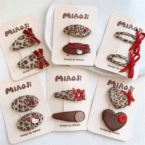 新款儿童布艺豹纹蝴蝶结发夹甜美女童侧边刘海夹宝宝碎发BB夹发卡