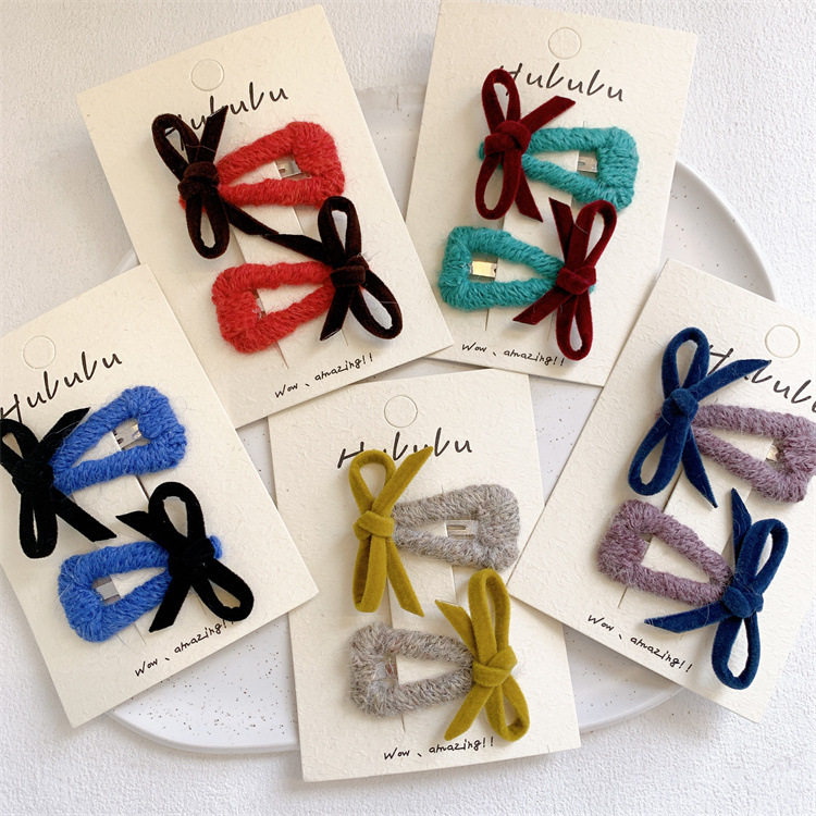 新款儿童交叉蝴蝶结毛线发夹小女孩侧边刘海夹子宝宝碎发BB夹发卡