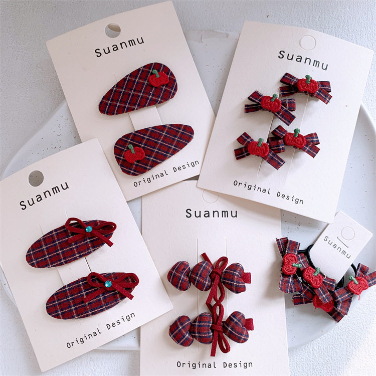 新款儿童酒红色格纹爱心发夹苹果蝴蝶结发卡女童侧边刘海碎发BB夹