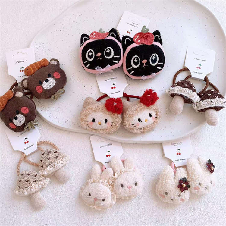 儿童秋冬毛线卡通动物小熊发圈毛绒兔子对装发绳小女孩扎头发皮筋