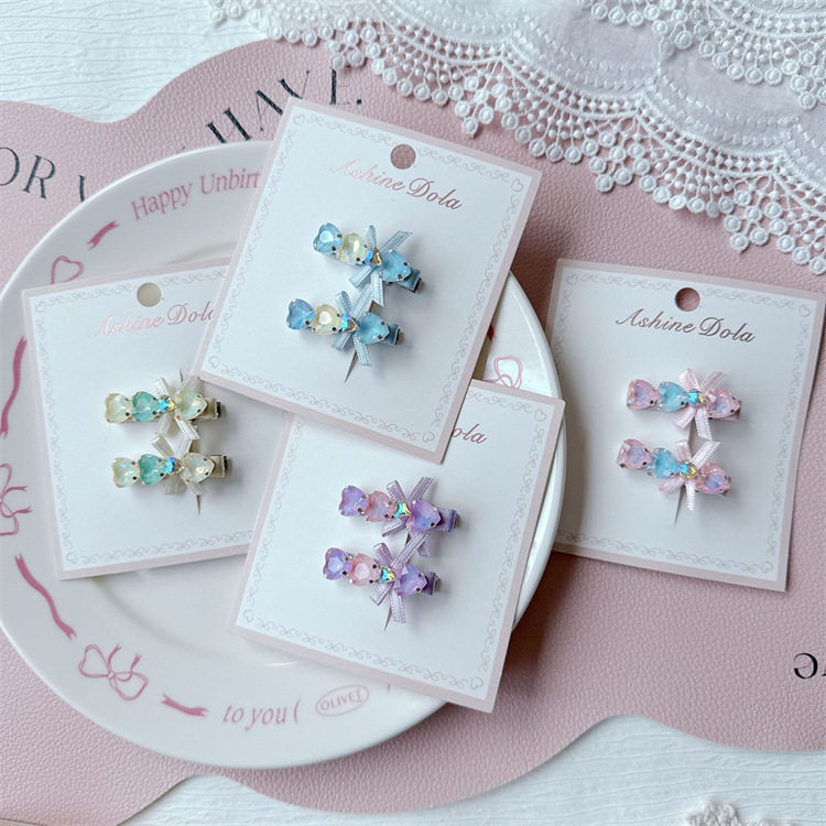 新款儿童彩色爱心闪钻蝴蝶结发夹甜美女童刘海夹侧边碎发夹子发卡