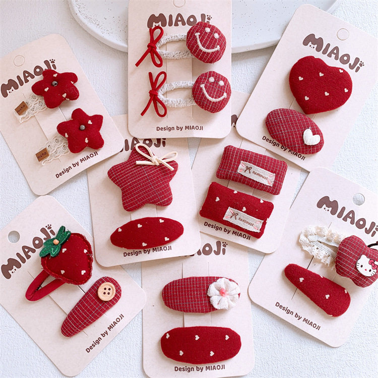 新年红色系儿童爱心水果发夹侧边刘海碎发bb夹对装发卡头饰