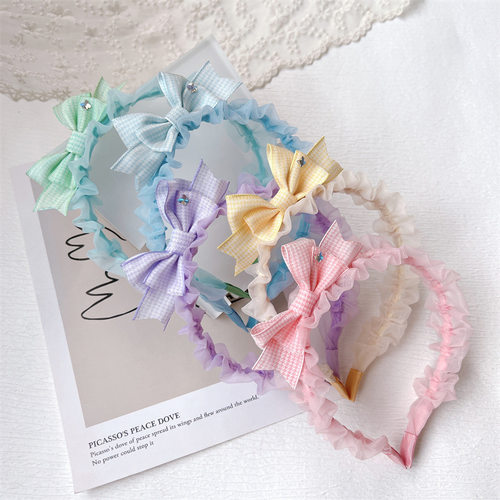 儿童网纱褶皱格纹蝴蝶结发箍可爱女童公主压发发夹头箍发卡女头饰