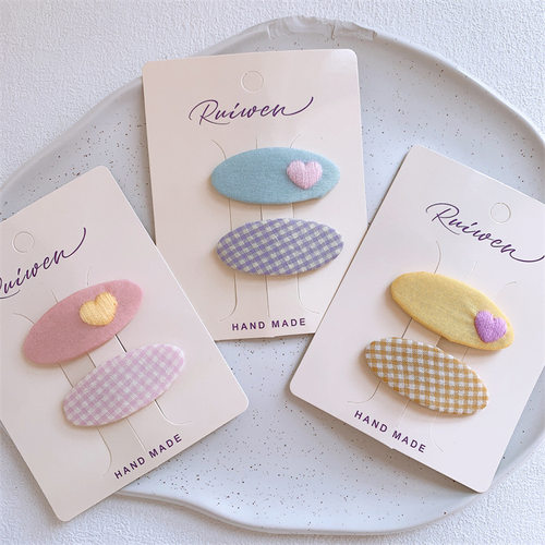 夏季新款儿童布艺格纹爱心发夹小女孩刘海夹侧边碎发BB夹发卡头饰