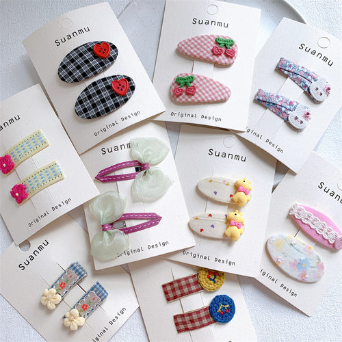 新款儿童花朵布艺格纹发夹小女孩卡通水果碎发BB夹侧边刘海夹发卡