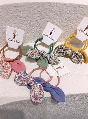 新款北欧风碎花樱桃系不对称AB版兔耳朵儿童小发圈 头绳 皮筋