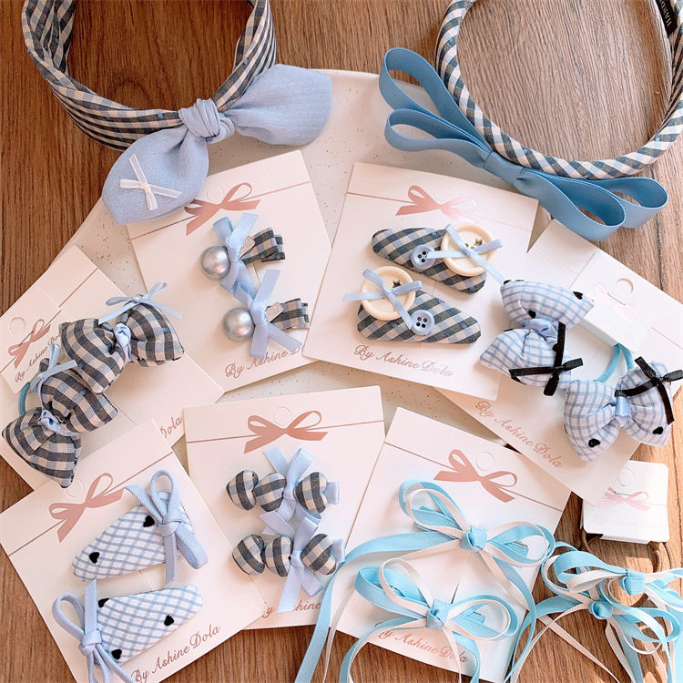 儿童蓝色系格纹蝴蝶结发夹发箍小女孩扎头发皮筋头绳发圈对装发卡