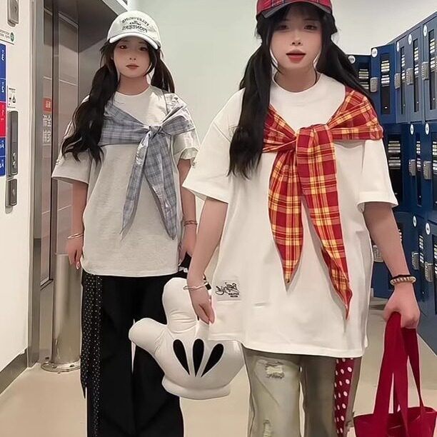 美式蝴蝶结格子绑带拼接短袖T恤女大童夏季初中高中学生宽松半袖