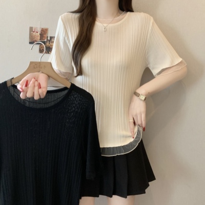 胖MM黑色短袖T恤女2026新款遮肚显瘦木耳边网纱拼接气质上衣