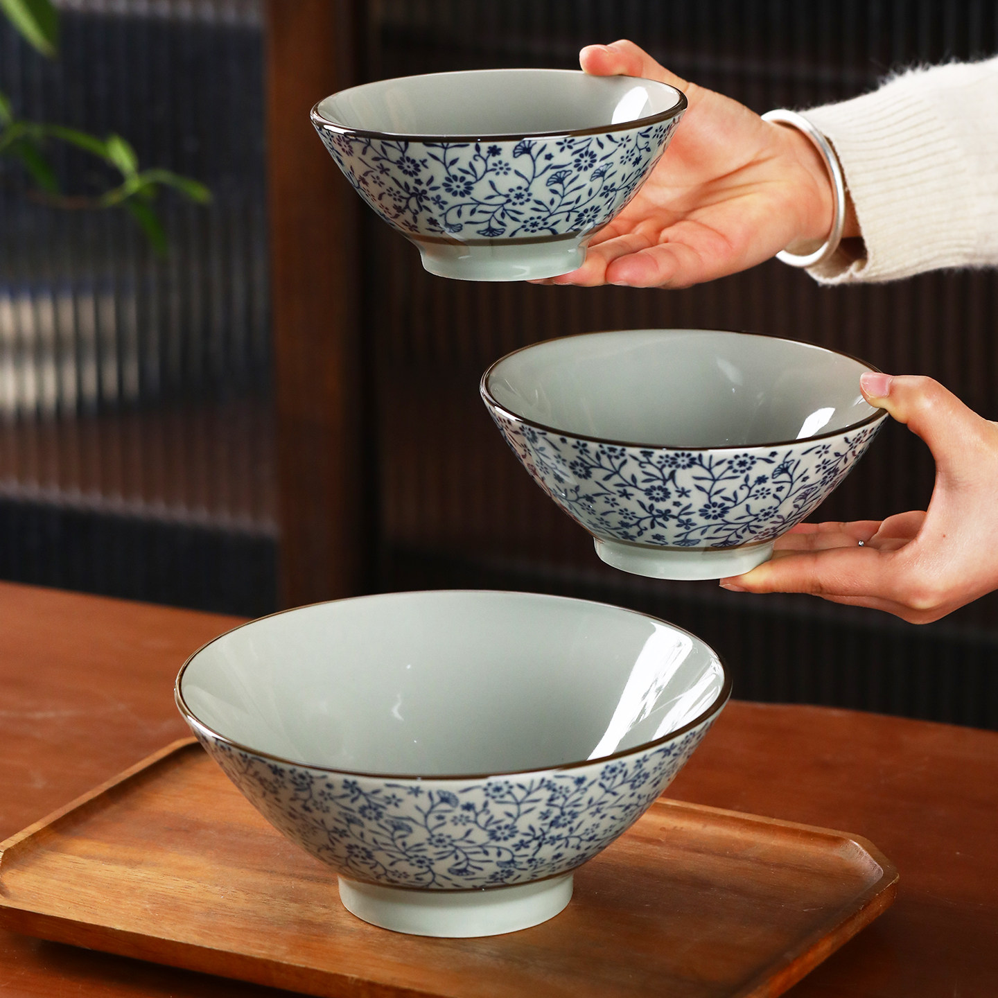 日式复古陶瓷5/5.75英寸碗家用釉下彩个性斗笠碗饭碗面碗高脚碗
