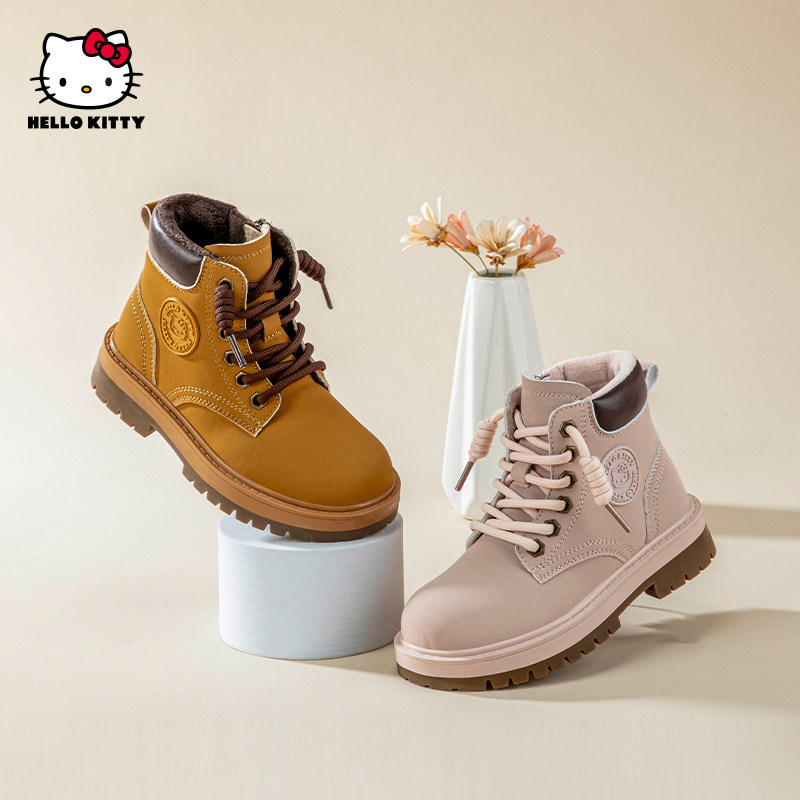 凯蒂猫女童加绒马丁靴冬款短靴女孩二棉靴子英伦风皮靴时尚高帮鞋