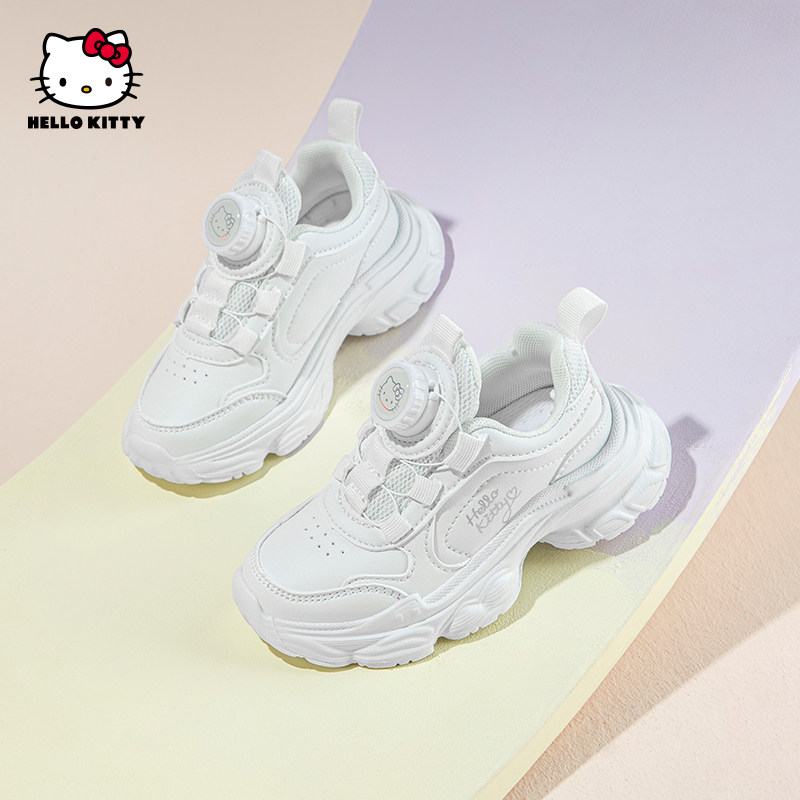 凯蒂猫女童白色跑步鞋皮面防水女中大童运动老爹鞋轻便白鞋子秋季