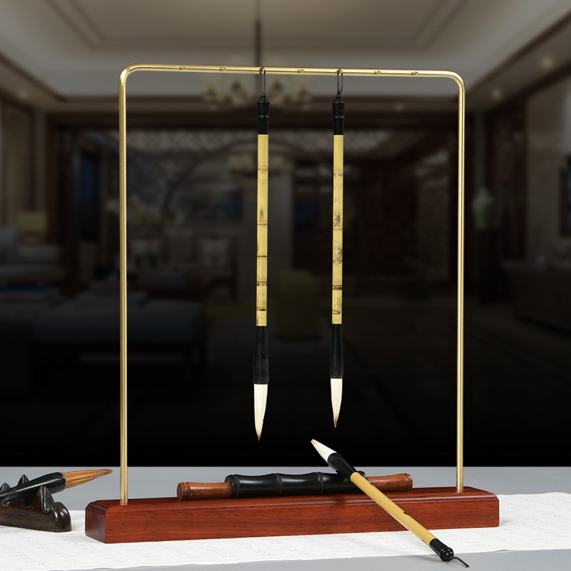 红木酸枝木毛笔架笔挂笔搁新中式黄铜创意毛笔展示架笔挂文房四宝