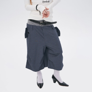 拼接灰色条纹 灰色双腰中裤 Rockrio Rarelicold