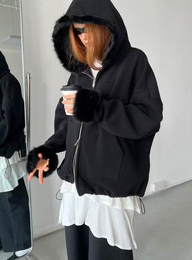 Rockrio Rarelicold 毛领毛袖加厚黑色连帽卫衣