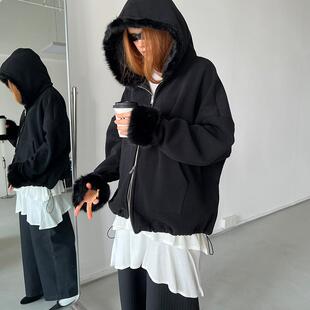 加厚黑色连帽卫衣 毛领毛袖 Rockrio Rarelicold