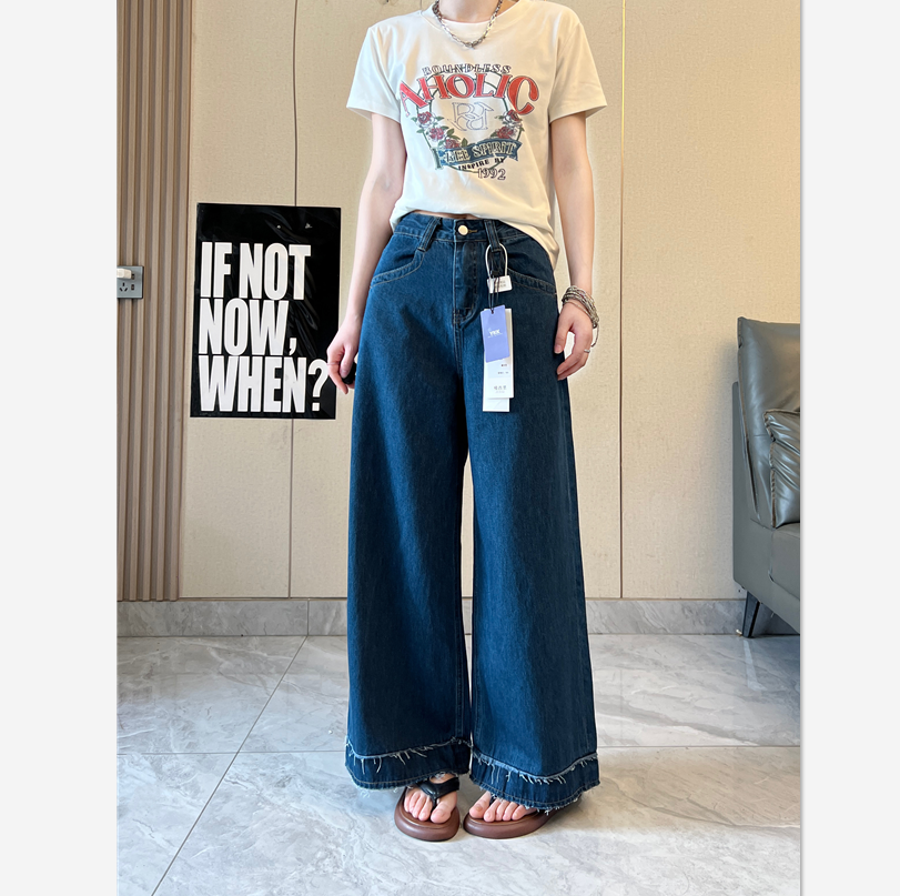 高端经典青石蓝阔腿宽松范夏季薄款牛仔裤 九分无弹显瘦显腿长女