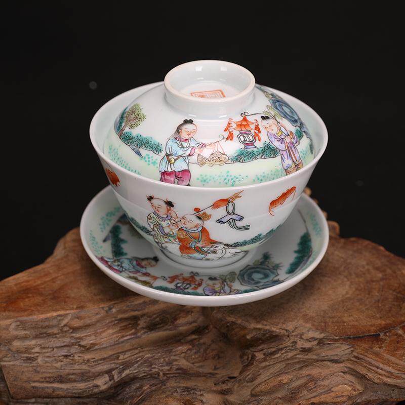 清同治粉彩描金麒麟送子三才盖碗功夫茶碗手工茶具清三代官窑收藏