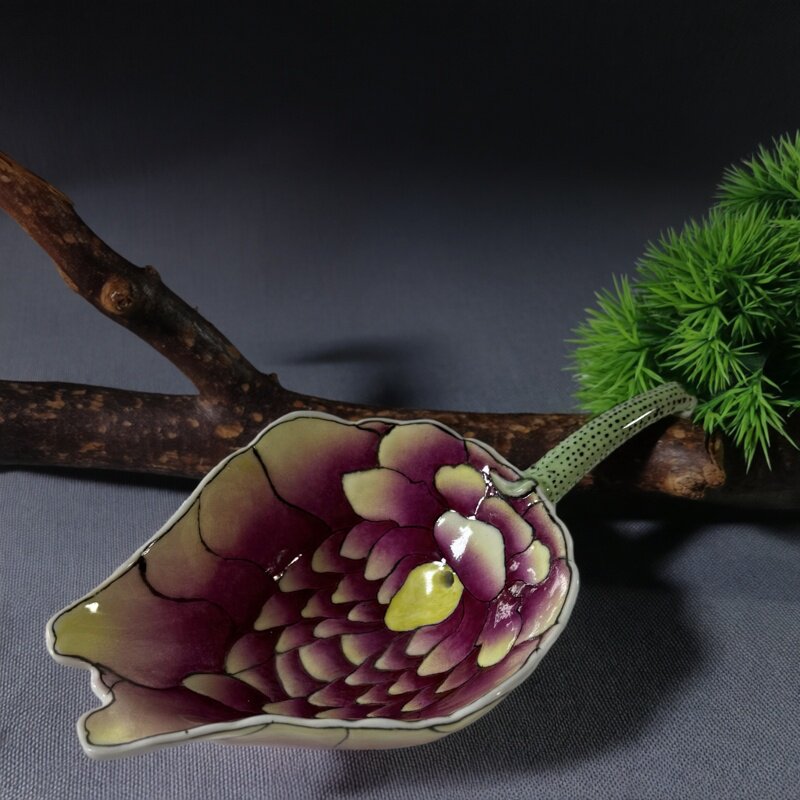 清光绪款手绘加彩莲花纹秋操杯荷叶铲客厅古中式装饰品家居摆件