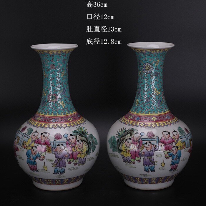 特价景德镇厂货粉彩手绘婴戏图赏瓶一对出口古玩古董收藏摆件
