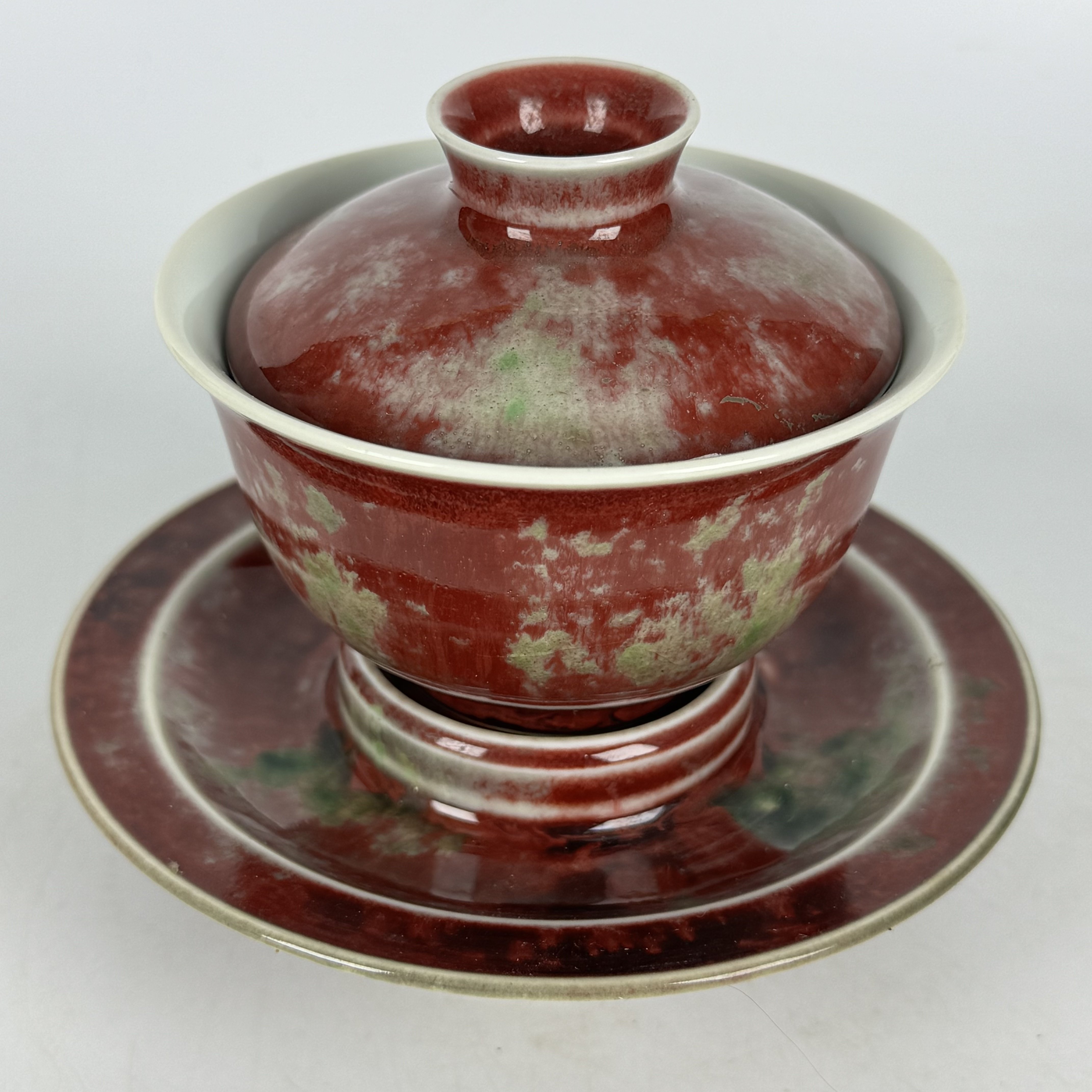 康熙底款豇豆红窑变釉三才盖碗手工官窑古瓷器中式茶室用具