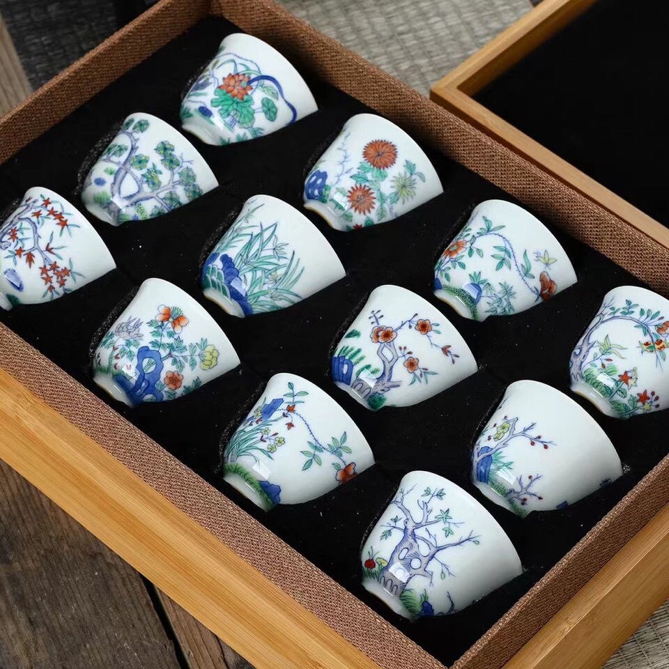 青花斗彩十二花神茶杯酒杯品茗杯景德镇陶瓷斗彩瓷器