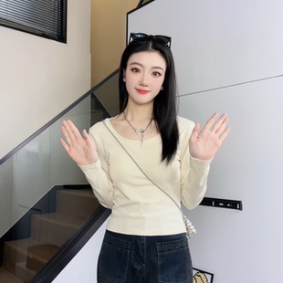 显瘦设计感纯棉薄款 2024春秋新款 修身 t恤女内搭打底衫 上衣 U领长袖